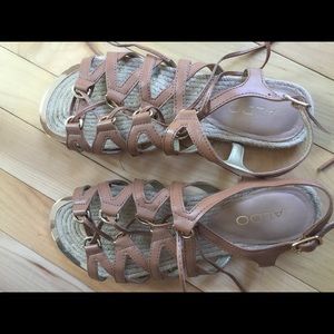 ALDO BROWN/GOLD STRAPPY LEATHER SANDALS